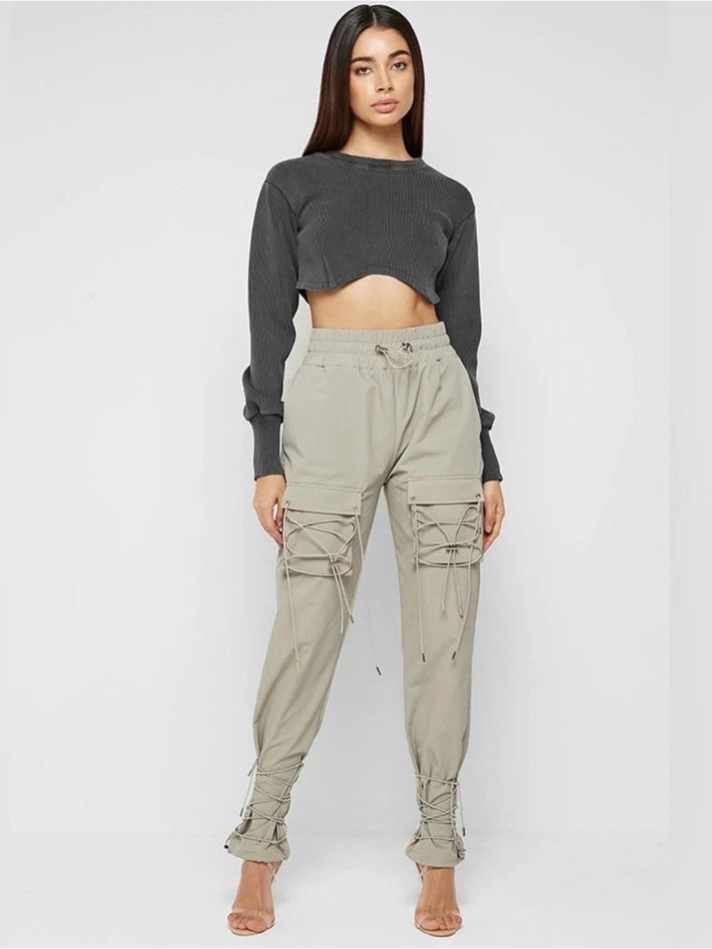 Maniere De Voir Lace-Up Cargo Joggers in Beige
